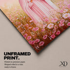 Illustration of Saint Mary portrayed as the Blessed Virgin with a calm expression and gentle gaze, wearing flowing robes and a soft halo, surrounded by decorative floral elements that frame her figure, rendered with delicate shading and warm tones in a Marian devotional composition inspired by Christian religious artwork.