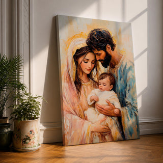 Devotional illustration of the Holy Family showing Jesus with Mary and Joseph gathered closely together in a tender composition, portraying the sacred family with gentle expressions and flowing robes, rendered with warm tones and soft shading in a traditional Christian nativity inspired scene centered on faith and family.