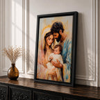 Devotional illustration of the Holy Family showing Jesus with Mary and Joseph gathered closely together in a tender composition, portraying the sacred family with gentle expressions and flowing robes, rendered with warm tones and soft shading in a traditional Christian nativity inspired scene centered on faith and family.
