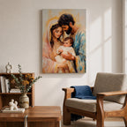 Devotional illustration of the Holy Family showing Jesus with Mary and Joseph gathered closely together in a tender composition, portraying the sacred family with gentle expressions and flowing robes, rendered with warm tones and soft shading in a traditional Christian nativity inspired scene centered on faith and family.
