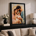 Devotional illustration of the Holy Family showing Jesus with Mary and Joseph gathered closely together in a tender composition, portraying the sacred family with gentle expressions and flowing robes, rendered with warm tones and soft shading in a traditional Christian nativity inspired scene centered on faith and family.