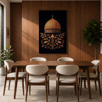 Al-Aqsa wall art featuring the golden Dome of the Rock in Jerusalem with elegant gold embroidery style patterns on a dark background. Islamic artwork highlighting the sacred mosque architecture displayed as framed canvas decor for Muslim homes.
