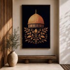 Al-Aqsa wall art featuring the golden Dome of the Rock in Jerusalem with elegant gold embroidery style patterns on a dark background. Islamic artwork highlighting the sacred mosque architecture displayed as framed canvas decor for Muslim homes.