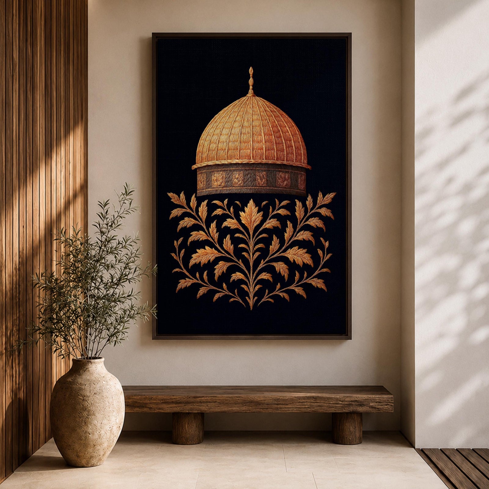 Al-Aqsa wall art featuring the golden Dome of the Rock in Jerusalem with elegant gold embroidery style patterns on a dark background. Islamic artwork highlighting the sacred mosque architecture displayed as framed canvas decor for Muslim homes.