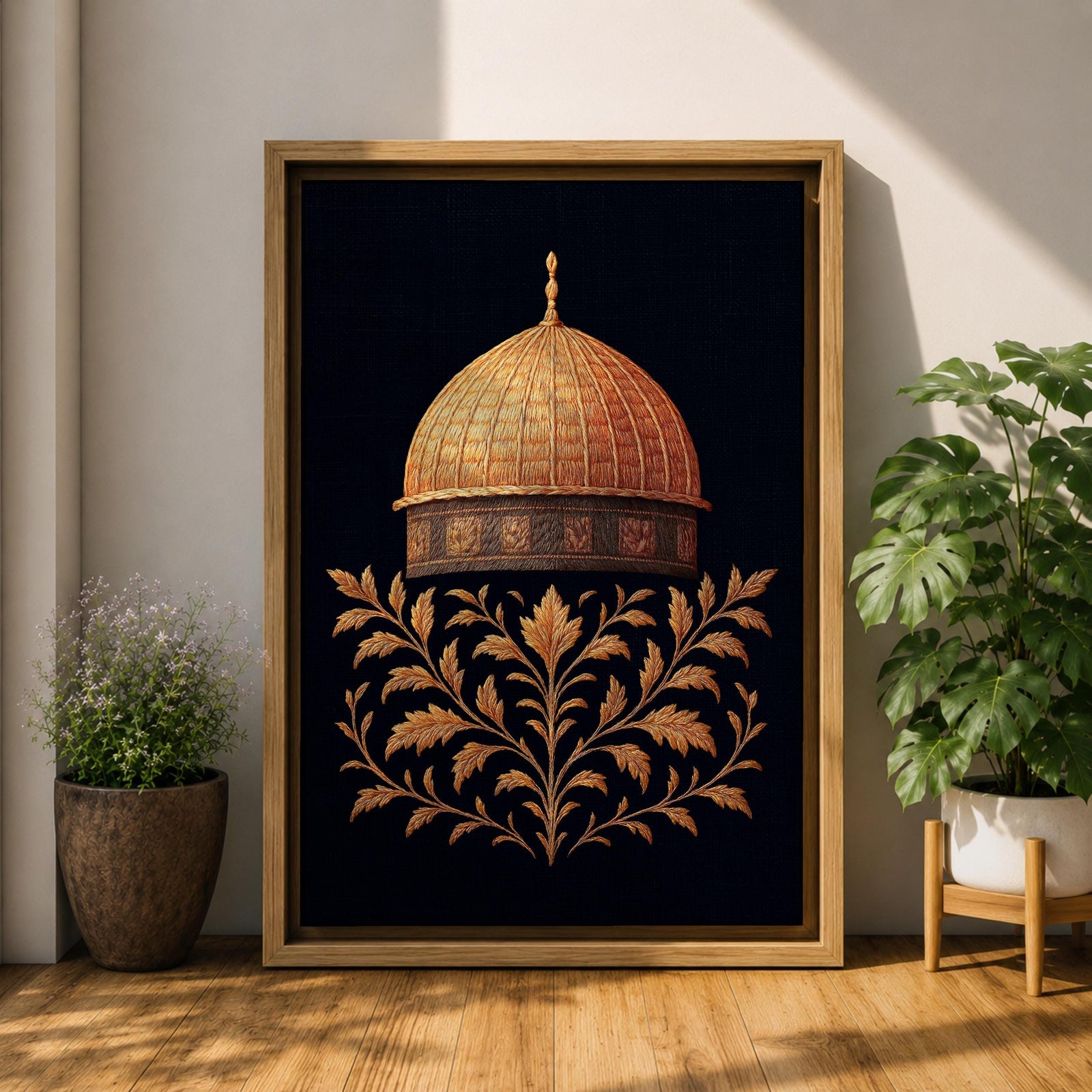 Al-Aqsa wall art featuring the golden Dome of the Rock in Jerusalem with elegant gold embroidery style patterns on a dark background. Islamic artwork highlighting the sacred mosque architecture displayed as framed canvas decor for Muslim homes.