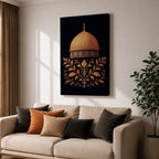 Al-Aqsa wall art featuring the golden Dome of the Rock in Jerusalem with elegant gold embroidery style patterns on a dark background. Islamic artwork highlighting the sacred mosque architecture displayed as framed canvas decor for Muslim homes.