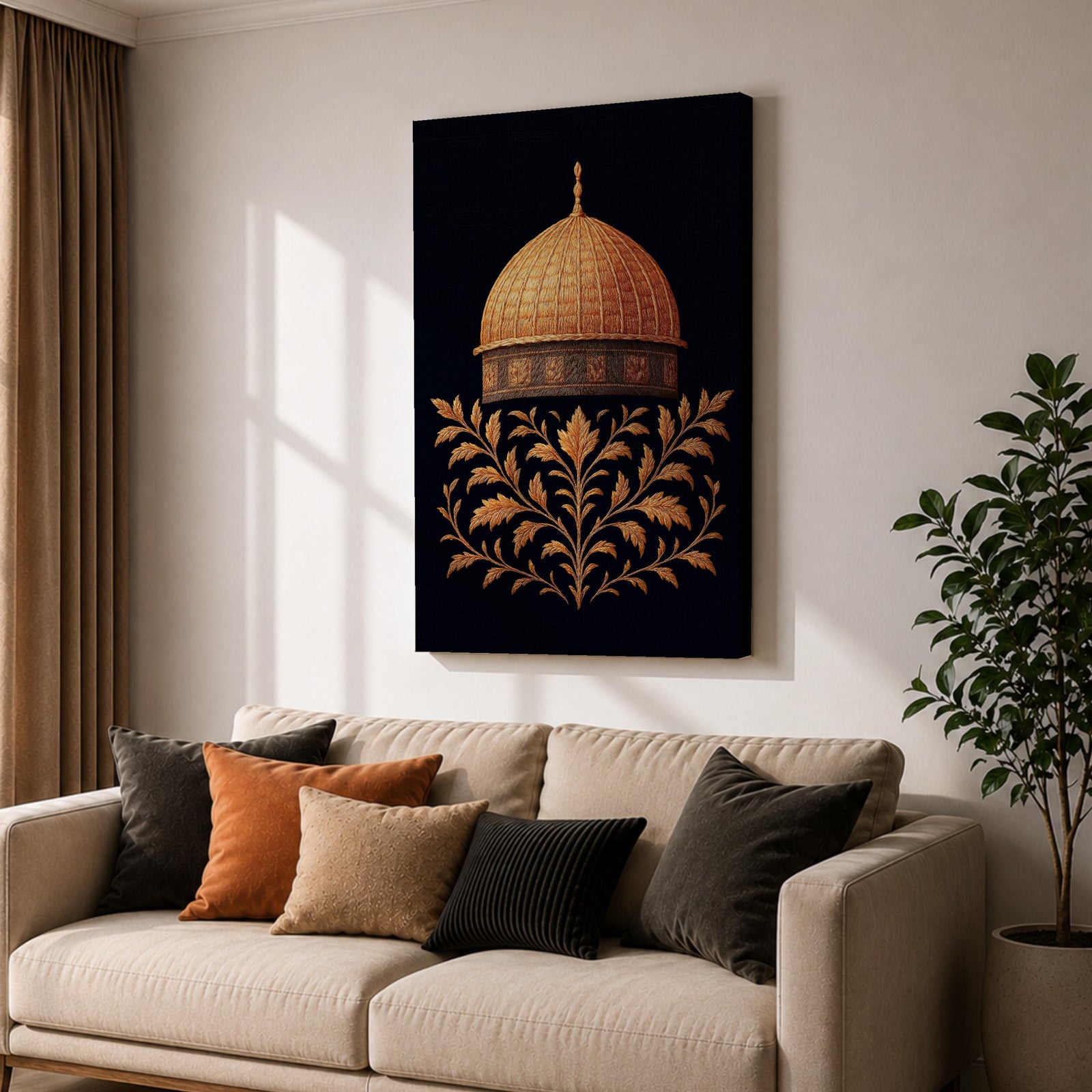 Al-Aqsa wall art featuring the golden Dome of the Rock in Jerusalem with elegant gold embroidery style patterns on a dark background. Islamic artwork highlighting the sacred mosque architecture displayed as framed canvas decor for Muslim homes.