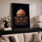 Al-Aqsa wall art featuring the golden Dome of the Rock in Jerusalem with elegant gold embroidery style patterns on a dark background. Islamic artwork highlighting the sacred mosque architecture displayed as framed canvas decor for Muslim homes.
