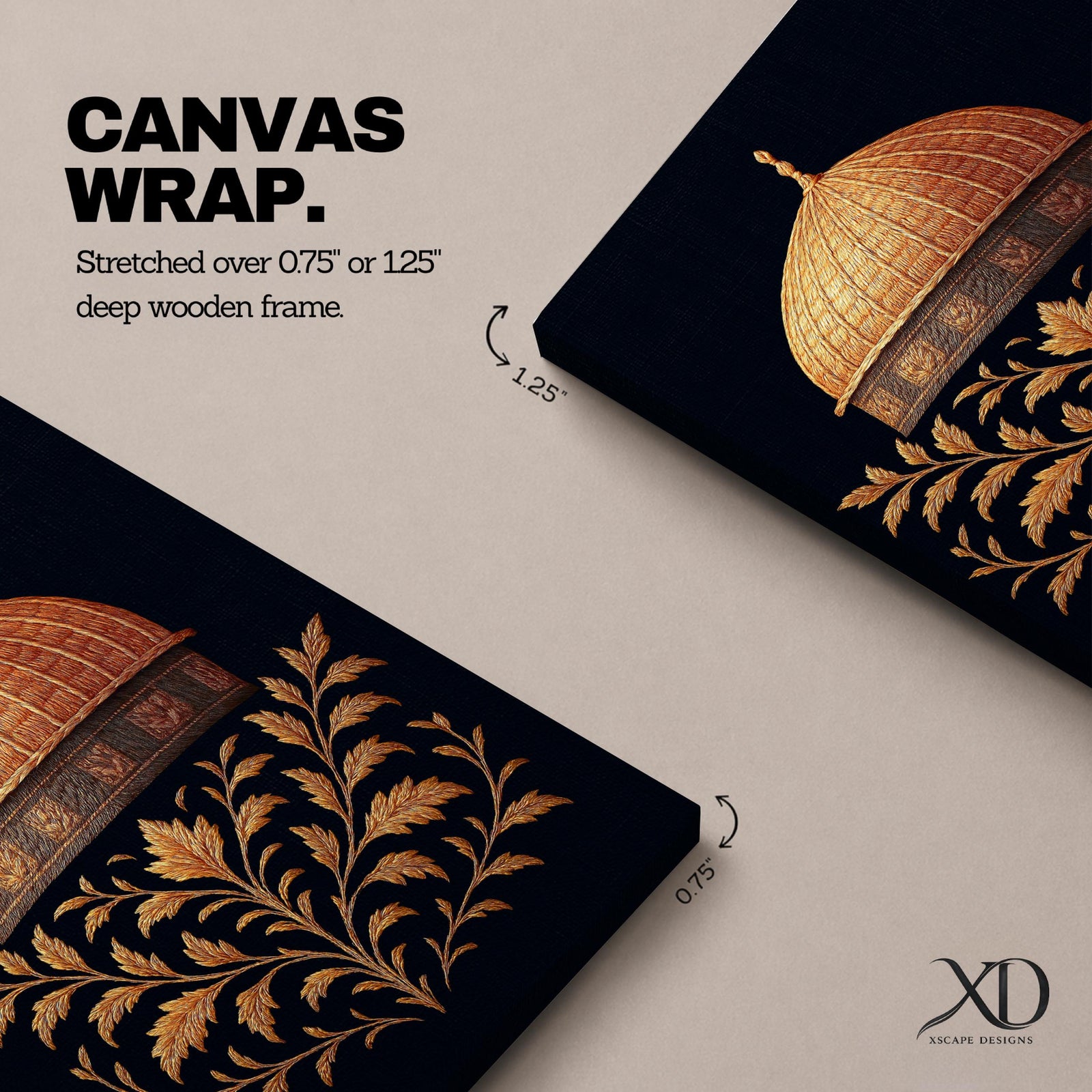 Al-Aqsa wall art featuring the golden Dome of the Rock in Jerusalem with elegant gold embroidery style patterns on a dark background. Islamic artwork highlighting the sacred mosque architecture displayed as framed canvas decor for Muslim homes.