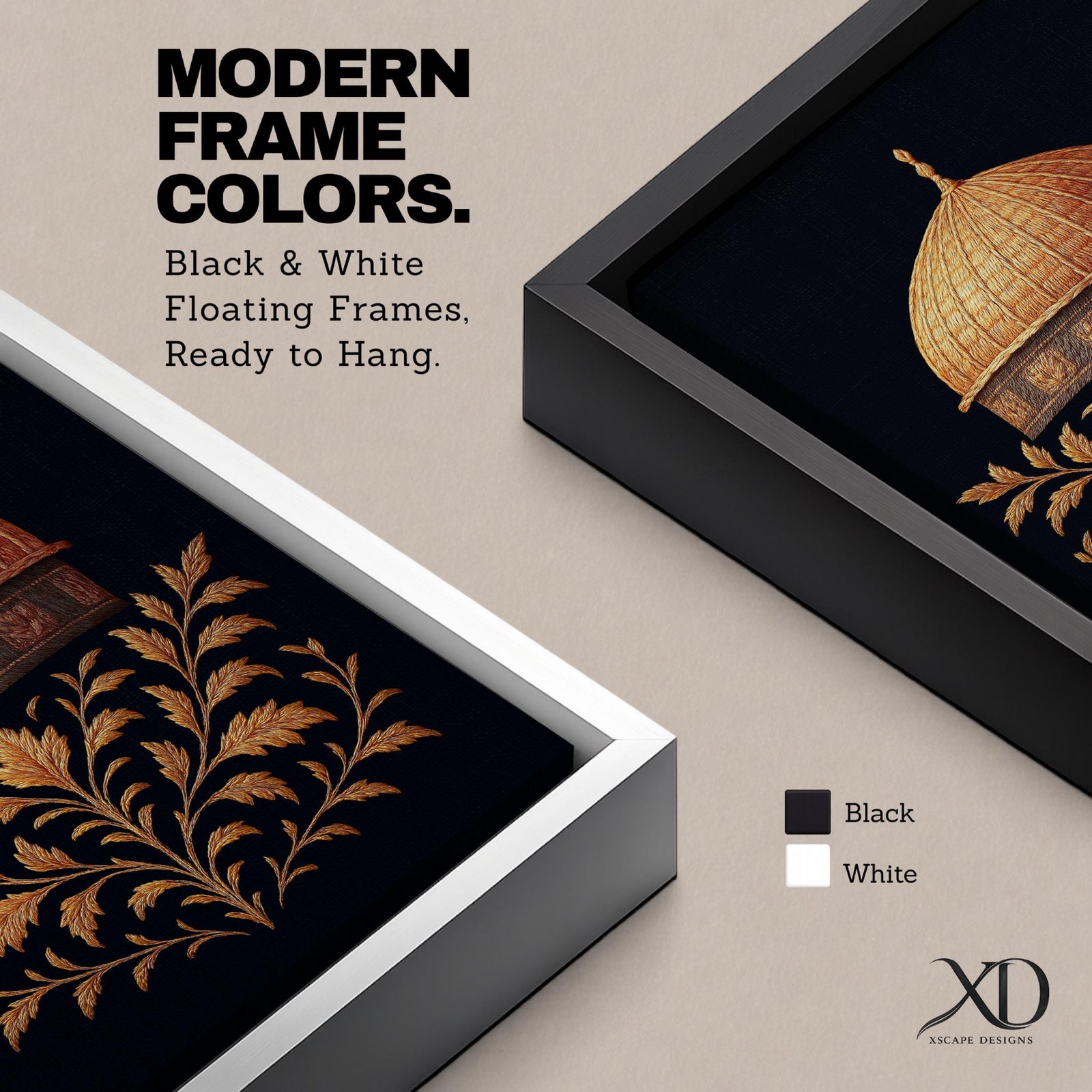 Al-Aqsa wall art featuring the golden Dome of the Rock in Jerusalem with elegant gold embroidery style patterns on a dark background. Islamic artwork highlighting the sacred mosque architecture displayed as framed canvas decor for Muslim homes.