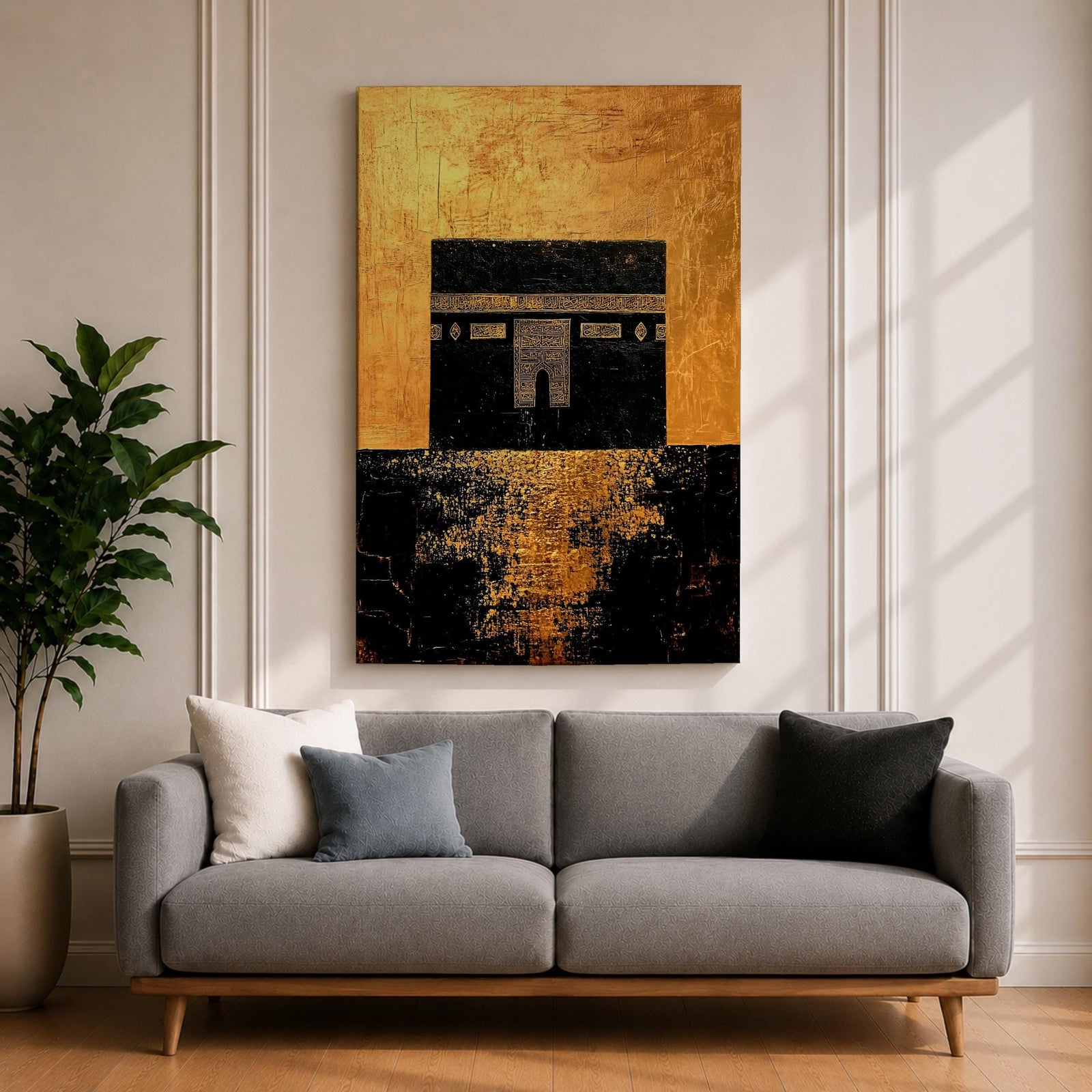 Kaaba wall art featuring the sacred Kaaba at Masjid Al-Haram in Mecca with a rich gold textured background. Islamic artwork highlighting the holy mosque architecture in a modern gold style displayed as framed canvas decor for Muslim homes.