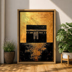 Kaaba wall art featuring the sacred Kaaba at Masjid Al-Haram in Mecca with a rich gold textured background. Islamic artwork highlighting the holy mosque architecture in a modern gold style displayed as framed canvas decor for Muslim homes.