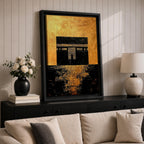 Kaaba wall art featuring the sacred Kaaba at Masjid Al-Haram in Mecca with a rich gold textured background. Islamic artwork highlighting the holy mosque architecture in a modern gold style displayed as framed canvas decor for Muslim homes.