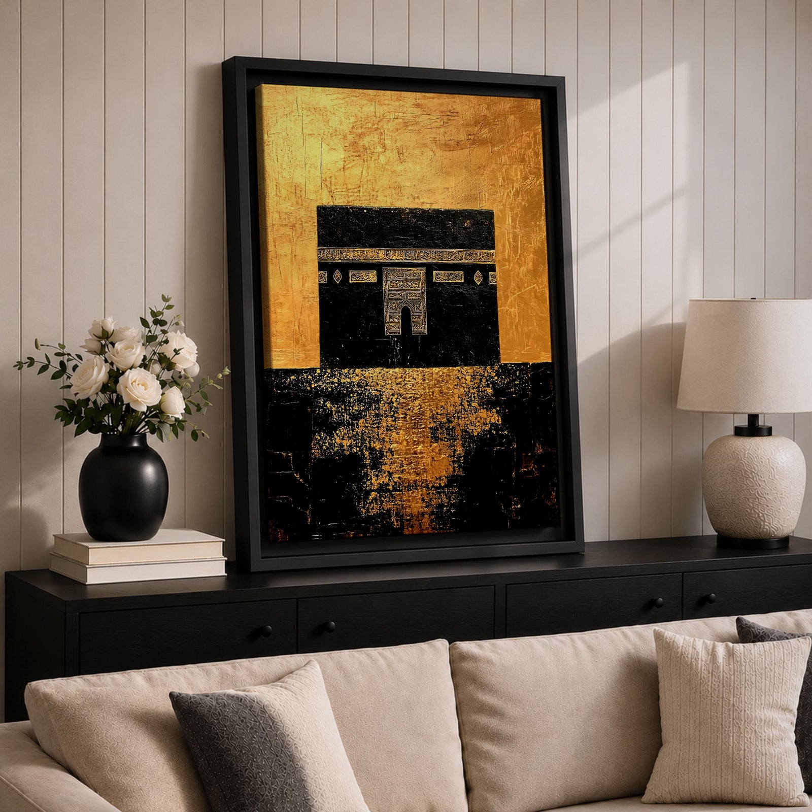 Kaaba wall art featuring the sacred Kaaba at Masjid Al-Haram in Mecca with a rich gold textured background. Islamic artwork highlighting the holy mosque architecture in a modern gold style displayed as framed canvas decor for Muslim homes.