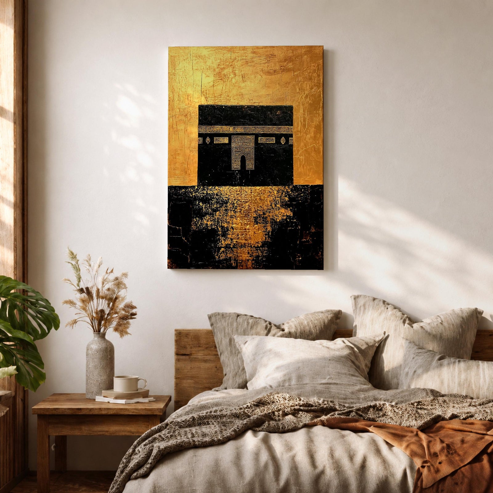 Kaaba wall art featuring the sacred Kaaba at Masjid Al-Haram in Mecca with a rich gold textured background. Islamic artwork highlighting the holy mosque architecture in a modern gold style displayed as framed canvas decor for Muslim homes.