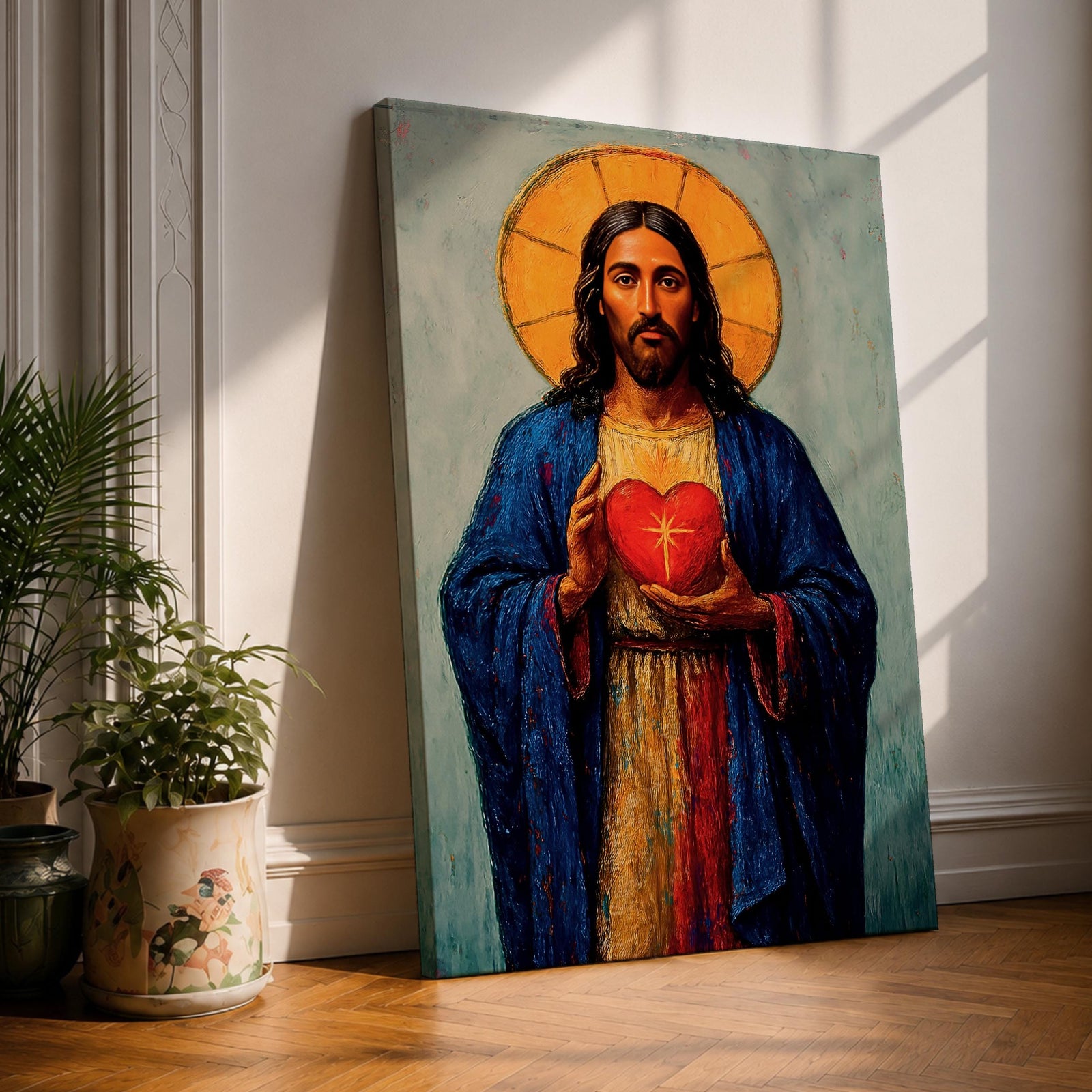 Devotional illustration of Jesus Christ presenting the Most Sacred Heart glowing at the center of his chest, crowned with thorns and radiating light, shown with a calm expression and one hand raised in blessing while the other points toward the heart, rendered with warm tones and soft shading in a traditional Christian devotional composition.