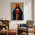 Devotional illustration of Jesus Christ presenting the Most Sacred Heart glowing at the center of his chest, crowned with thorns and radiating light, shown with a calm expression and one hand raised in blessing while the other points toward the heart, rendered with warm tones and soft shading in a traditional Christian devotional composition.