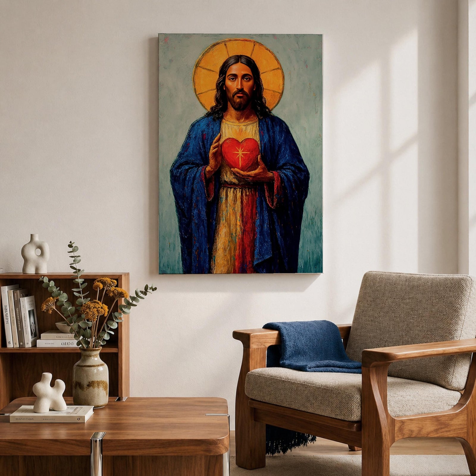 Devotional illustration of Jesus Christ presenting the Most Sacred Heart glowing at the center of his chest, crowned with thorns and radiating light, shown with a calm expression and one hand raised in blessing while the other points toward the heart, rendered with warm tones and soft shading in a traditional Christian devotional composition.