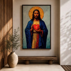 Devotional illustration of Jesus Christ presenting the Most Sacred Heart glowing at the center of his chest, crowned with thorns and radiating light, shown with a calm expression and one hand raised in blessing while the other points toward the heart, rendered with warm tones and soft shading in a traditional Christian devotional composition.