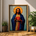 Devotional illustration of Jesus Christ presenting the Most Sacred Heart glowing at the center of his chest, crowned with thorns and radiating light, shown with a calm expression and one hand raised in blessing while the other points toward the heart, rendered with warm tones and soft shading in a traditional Christian devotional composition.