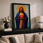 Devotional illustration of Jesus Christ presenting the Most Sacred Heart glowing at the center of his chest, crowned with thorns and radiating light, shown with a calm expression and one hand raised in blessing while the other points toward the heart, rendered with warm tones and soft shading in a traditional Christian devotional composition.