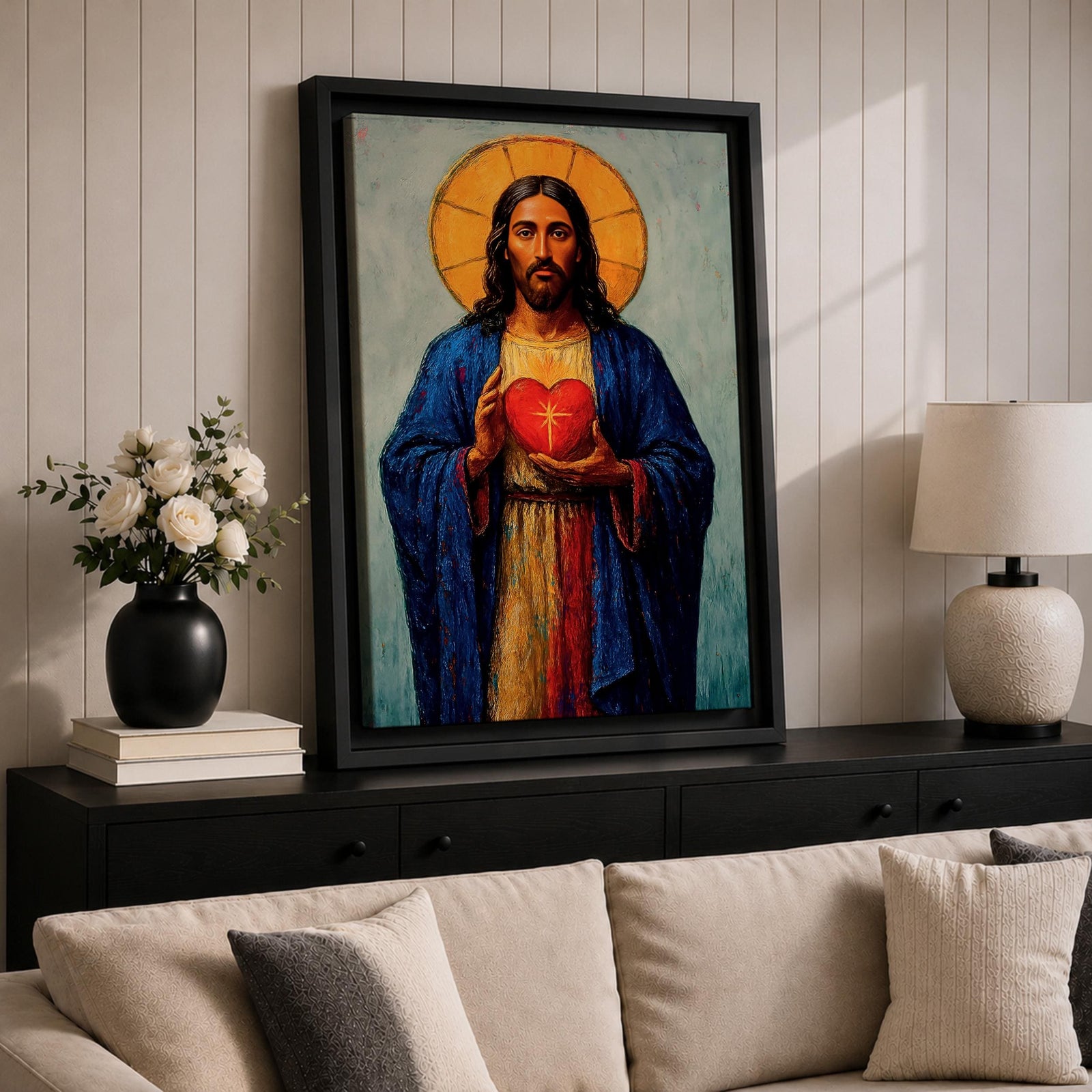 Devotional illustration of Jesus Christ presenting the Most Sacred Heart glowing at the center of his chest, crowned with thorns and radiating light, shown with a calm expression and one hand raised in blessing while the other points toward the heart, rendered with warm tones and soft shading in a traditional Christian devotional composition.