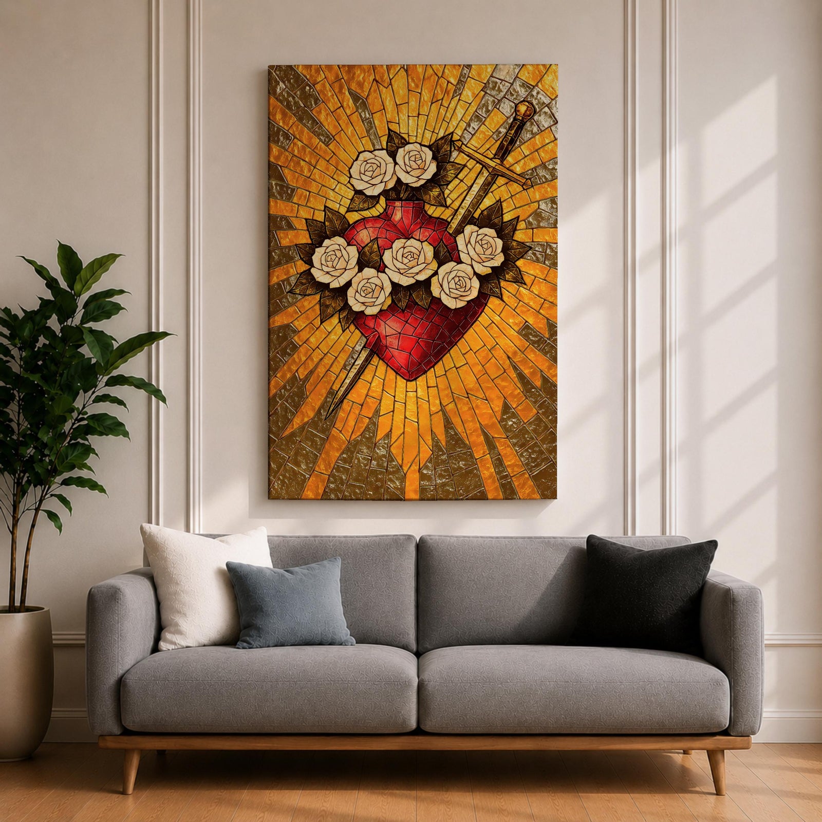 Stained glass style illustration of Jesus Christ displaying the Sacred Heart glowing at the center of his chest, crowned with thorns and radiating light, shown with a calm expression and one hand raised in blessing, composed with luminous jewel tones and segmented glass patterns in a devotional Christian stained glass composition.