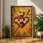 Stained glass style illustration of Jesus Christ displaying the Sacred Heart glowing at the center of his chest, crowned with thorns and radiating light, shown with a calm expression and one hand raised in blessing, composed with luminous jewel tones and segmented glass patterns in a devotional Christian stained glass composition.