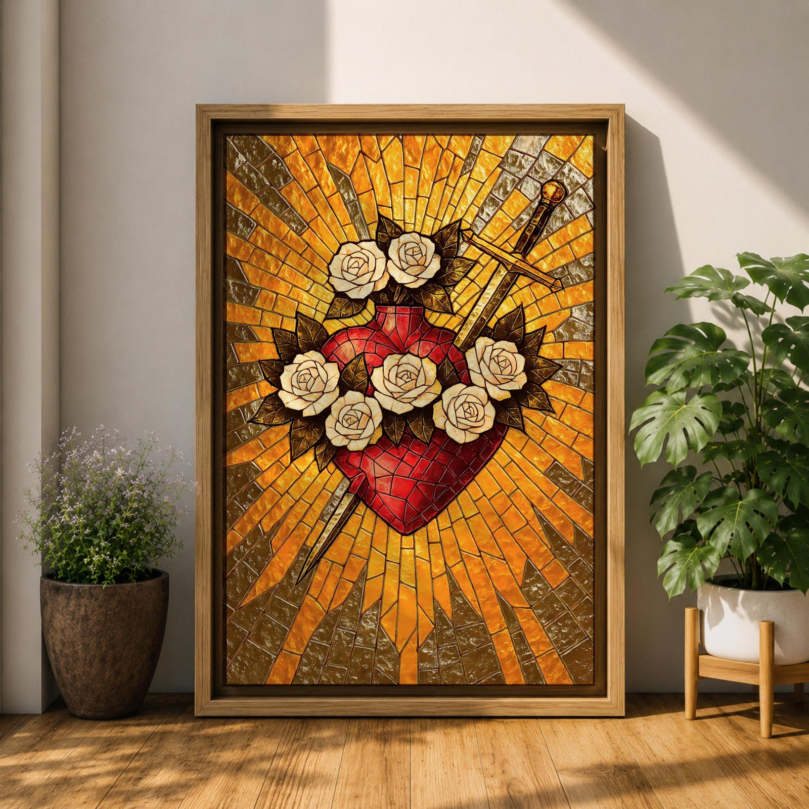 Stained glass style illustration of Jesus Christ displaying the Sacred Heart glowing at the center of his chest, crowned with thorns and radiating light, shown with a calm expression and one hand raised in blessing, composed with luminous jewel tones and segmented glass patterns in a devotional Christian stained glass composition.
