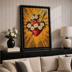 Stained glass style illustration of Jesus Christ displaying the Sacred Heart glowing at the center of his chest, crowned with thorns and radiating light, shown with a calm expression and one hand raised in blessing, composed with luminous jewel tones and segmented glass patterns in a devotional Christian stained glass composition.