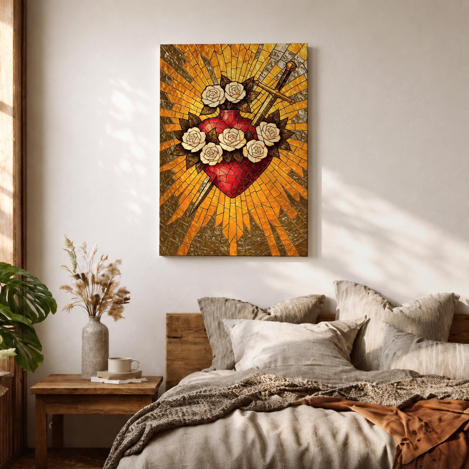 Stained glass style illustration of Jesus Christ displaying the Sacred Heart glowing at the center of his chest, crowned with thorns and radiating light, shown with a calm expression and one hand raised in blessing, composed with luminous jewel tones and segmented glass patterns in a devotional Christian stained glass composition.