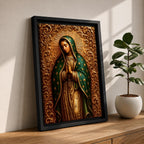 Devotional illustration of Our Lady of Guadalupe also known as the Mexican Virgencita and La Guadalupana standing with hands clasped in prayer, wearing a rose colored gown and a teal mantle covered with gold stars, surrounded by radiant golden rays with a small angel beneath her, rendered with warm tones and soft shading in traditional Mexican Catholic icon style.