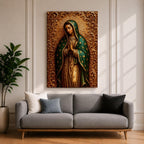 Devotional illustration of Our Lady of Guadalupe also known as the Mexican Virgencita and La Guadalupana standing with hands clasped in prayer, wearing a rose colored gown and a teal mantle covered with gold stars, surrounded by radiant golden rays with a small angel beneath her, rendered with warm tones and soft shading in traditional Mexican Catholic icon style.