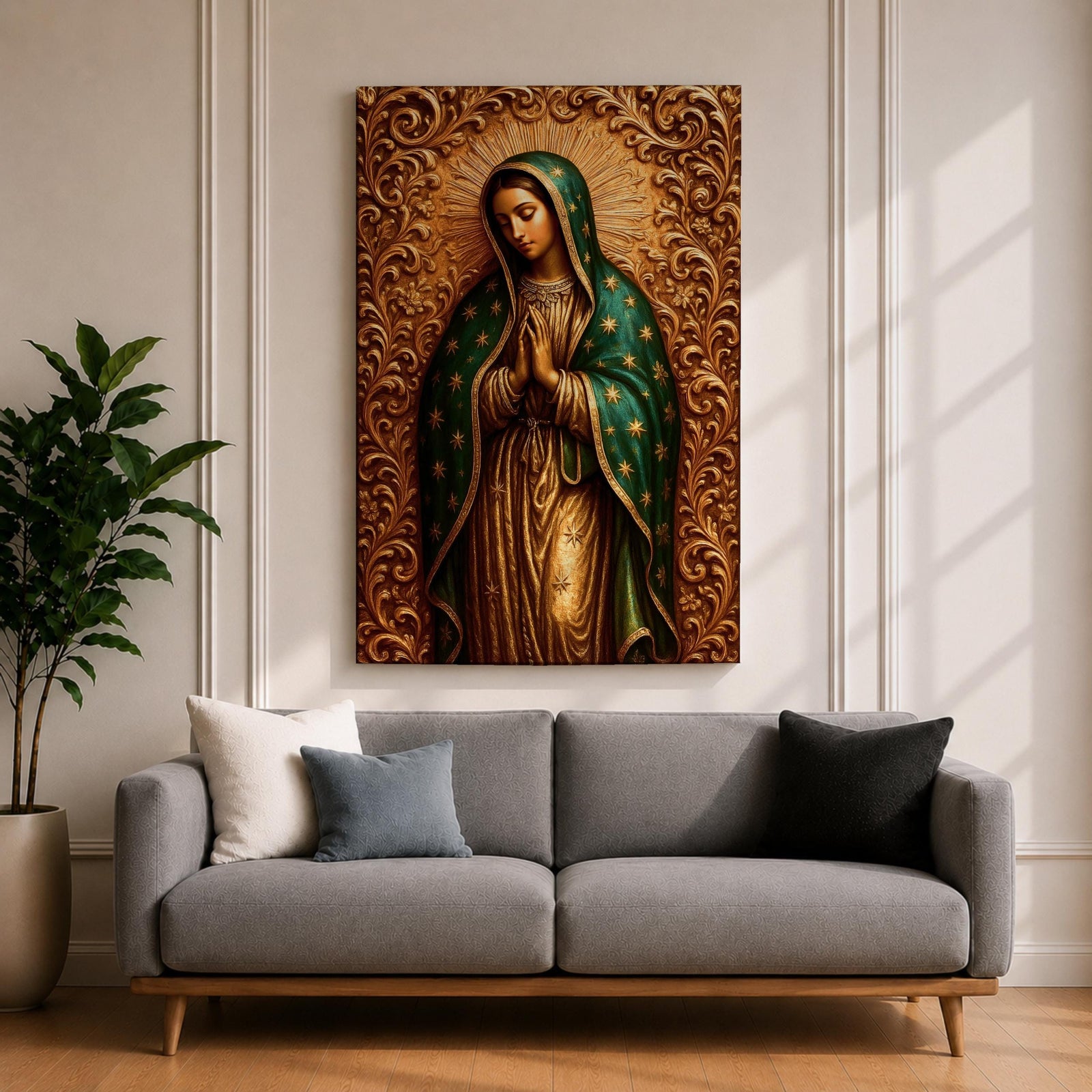 Devotional illustration of Our Lady of Guadalupe also known as the Mexican Virgencita and La Guadalupana standing with hands clasped in prayer, wearing a rose colored gown and a teal mantle covered with gold stars, surrounded by radiant golden rays with a small angel beneath her, rendered with warm tones and soft shading in traditional Mexican Catholic icon style.