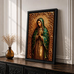 Devotional illustration of Our Lady of Guadalupe also known as the Mexican Virgencita and La Guadalupana standing with hands clasped in prayer, wearing a rose colored gown and a teal mantle covered with gold stars, surrounded by radiant golden rays with a small angel beneath her, rendered with warm tones and soft shading in traditional Mexican Catholic icon style.