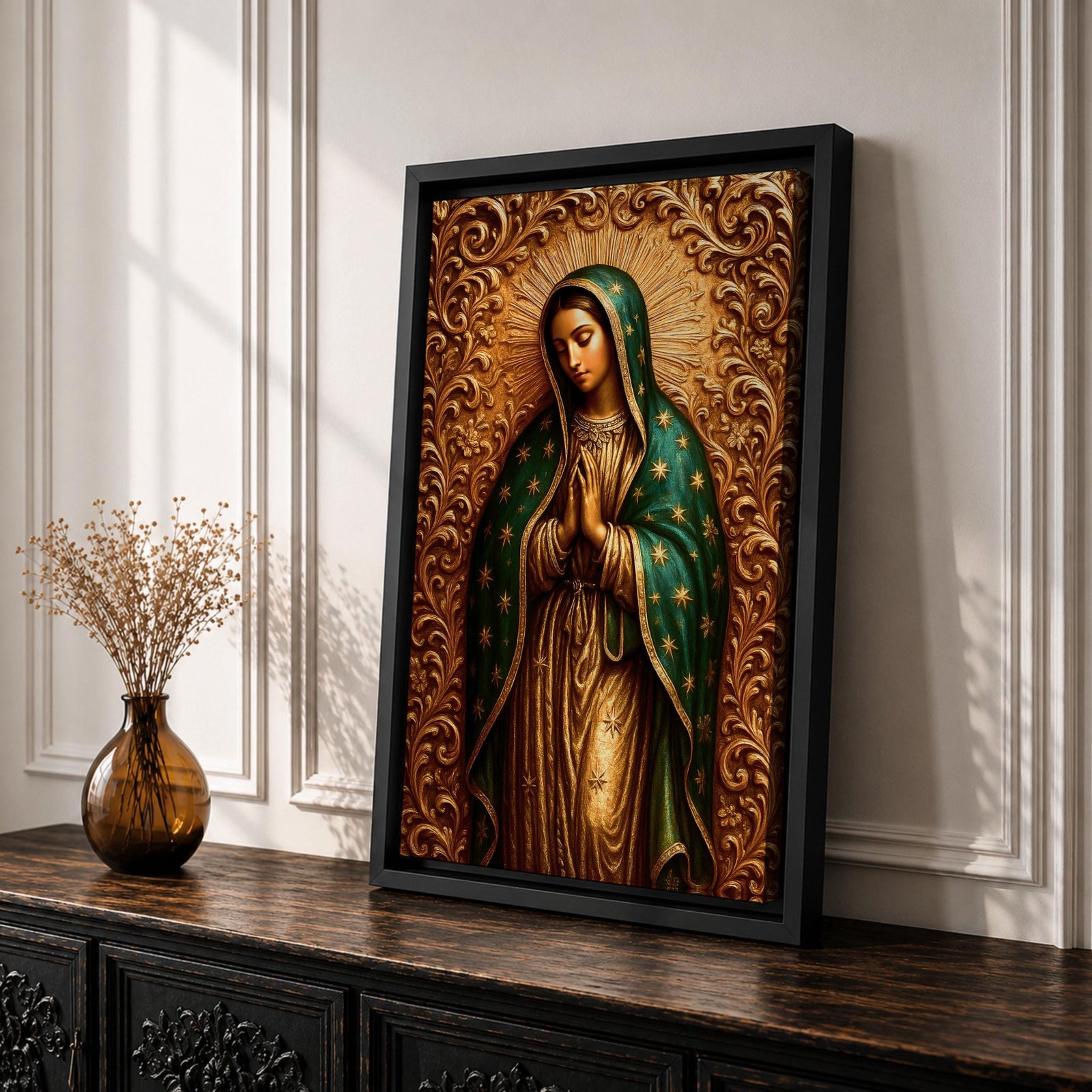 Devotional illustration of Our Lady of Guadalupe also known as the Mexican Virgencita and La Guadalupana standing with hands clasped in prayer, wearing a rose colored gown and a teal mantle covered with gold stars, surrounded by radiant golden rays with a small angel beneath her, rendered with warm tones and soft shading in traditional Mexican Catholic icon style.