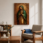 Devotional illustration of Our Lady of Guadalupe also known as the Mexican Virgencita and La Guadalupana standing with hands clasped in prayer, wearing a rose colored gown and a teal mantle covered with gold stars, surrounded by radiant golden rays with a small angel beneath her, rendered with warm tones and soft shading in traditional Mexican Catholic icon style.