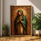 Devotional illustration of Our Lady of Guadalupe also known as the Mexican Virgencita and La Guadalupana standing with hands clasped in prayer, wearing a rose colored gown and a teal mantle covered with gold stars, surrounded by radiant golden rays with a small angel beneath her, rendered with warm tones and soft shading in traditional Mexican Catholic icon style.