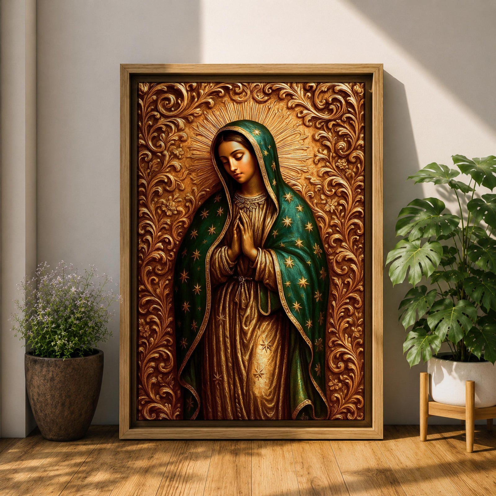 Devotional illustration of Our Lady of Guadalupe also known as the Mexican Virgencita and La Guadalupana standing with hands clasped in prayer, wearing a rose colored gown and a teal mantle covered with gold stars, surrounded by radiant golden rays with a small angel beneath her, rendered with warm tones and soft shading in traditional Mexican Catholic icon style.