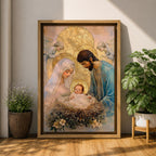Devotional illustration of the Holy Family with Mary, Jesus, and Joseph gathered together while angels appear above them, portraying the nativity scene with gentle expressions and flowing robes, arranged in a balanced sacred composition and rendered with warm tones and soft shading in a traditional Christian devotional style.