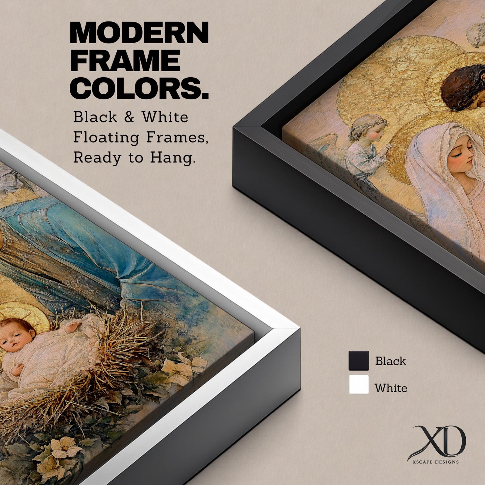 Devotional illustration of the Holy Family with Mary, Jesus, and Joseph gathered together while angels appear above them, portraying the nativity scene with gentle expressions and flowing robes, arranged in a balanced sacred composition and rendered with warm tones and soft shading in a traditional Christian devotional style.
