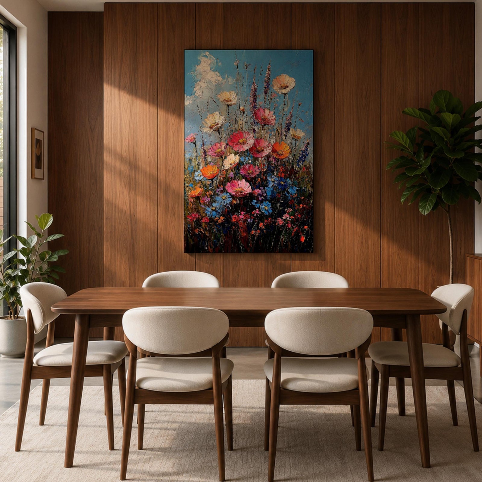 A vibrant impasto painting of a wildflower bouquet featuring pink, orange, cream, and blue flowers against a bright blue sky, rendered with thick textured brushstrokes that emphasize the lively natural floral composition.