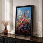 A vibrant impasto painting of a wildflower bouquet featuring pink, orange, cream, and blue flowers against a bright blue sky, rendered with thick textured brushstrokes that emphasize the lively natural floral composition.