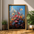 A vibrant impasto painting of a wildflower bouquet featuring pink, orange, cream, and blue flowers against a bright blue sky, rendered with thick textured brushstrokes that emphasize the lively natural floral composition.