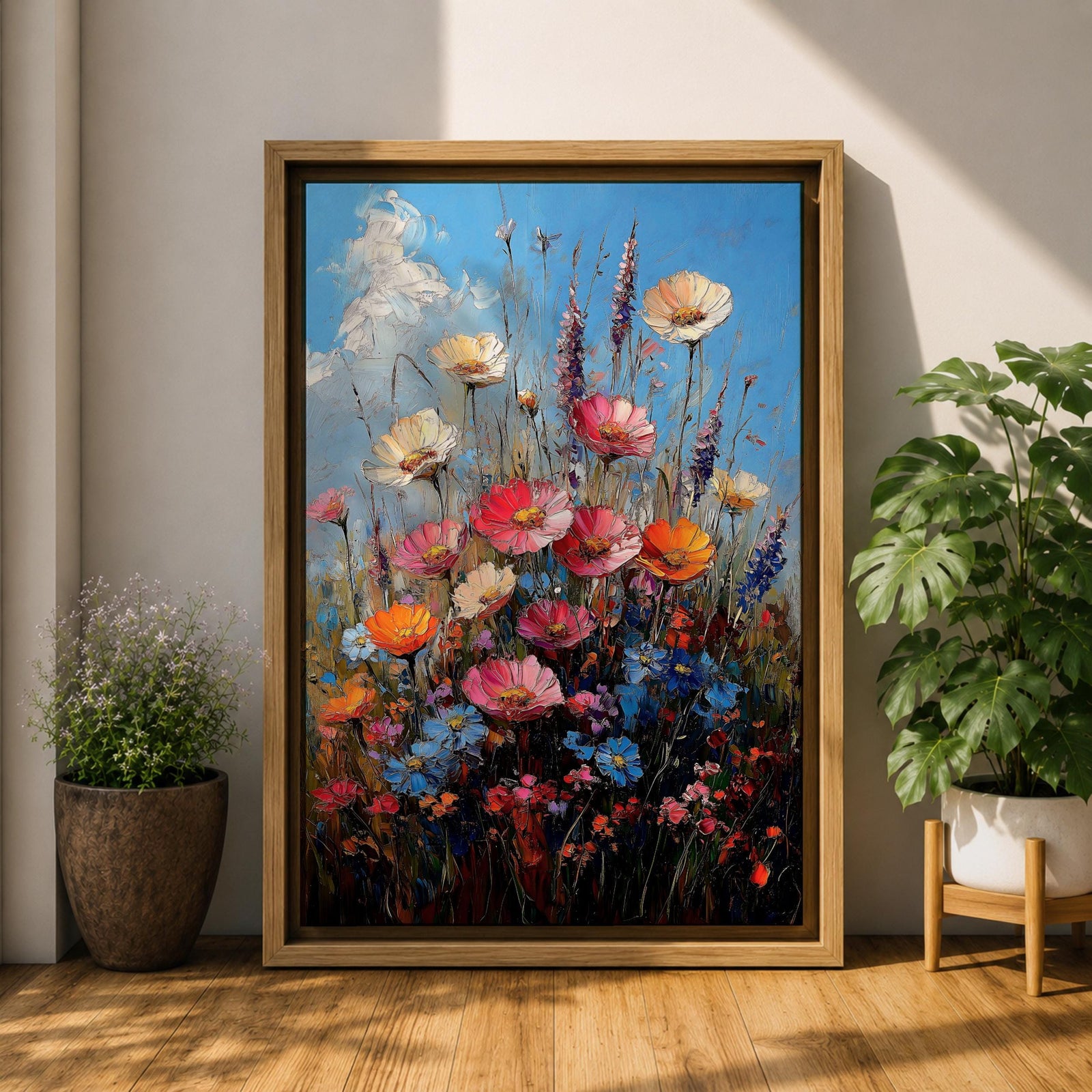 A vibrant impasto painting of a wildflower bouquet featuring pink, orange, cream, and blue flowers against a bright blue sky, rendered with thick textured brushstrokes that emphasize the lively natural floral composition.