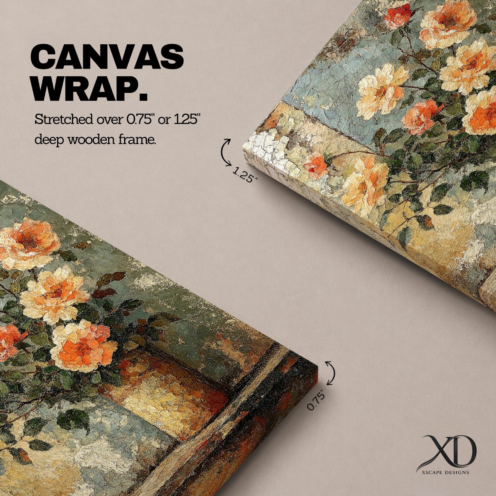 A vintage style framed canvas wall art depicting a rustic floral still life of blooming peonies in a textured vase. The artwork features a painterly, textured technique with soft, layered brushstrokes emphasizing the natural beauty of the flowers against a muted background.