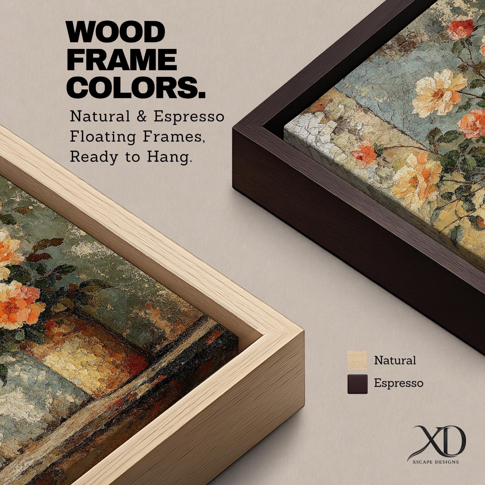 A vintage style framed canvas wall art depicting a rustic floral still life of blooming peonies in a textured vase. The artwork features a painterly, textured technique with soft, layered brushstrokes emphasizing the natural beauty of the flowers against a muted background.