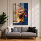 A vibrant floral vase filled with a colorful bouquet of pink, orange, and yellow flowers arranged in an impressionistic style on a windowsill, painted with loose brushstrokes capturing light and shadow in a warm, inviting composition.