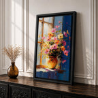 A vibrant floral vase filled with a colorful bouquet of pink, orange, and yellow flowers arranged in an impressionistic style on a windowsill, painted with loose brushstrokes capturing light and shadow in a warm, inviting composition.