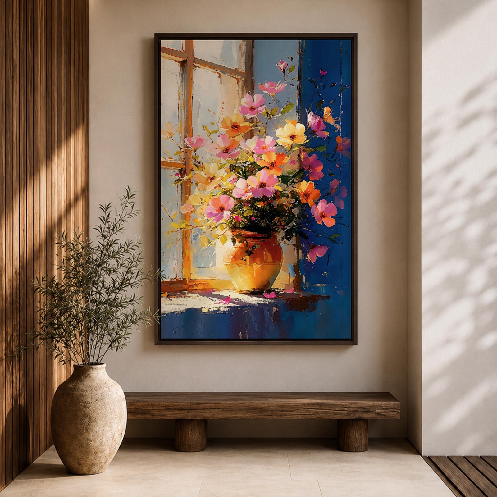 A vibrant floral vase filled with a colorful bouquet of pink, orange, and yellow flowers arranged in an impressionistic style on a windowsill, painted with loose brushstrokes capturing light and shadow in a warm, inviting composition.